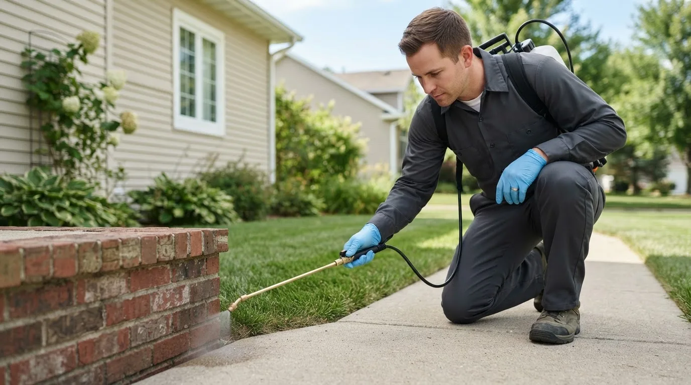 Pest control technician treating a home near Marietta, IL