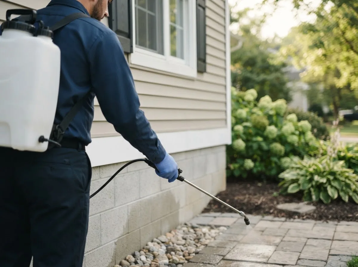 Pest control technician inspecting a home in Marietta, IL